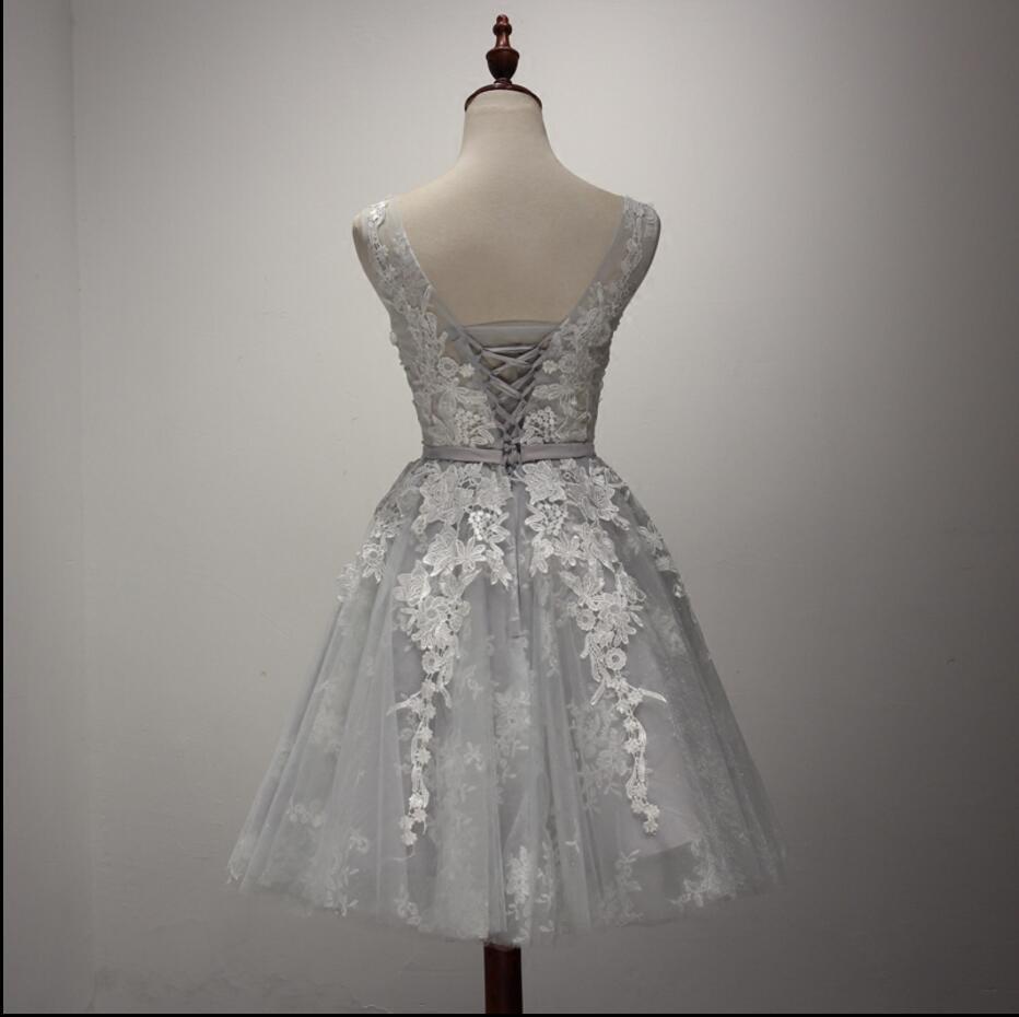 Gray Lace See Through Homecoming Prom Dresses, Affordable Corset Back Short Party Prom Dresses, Perfect Homecoming Dresses, CM236