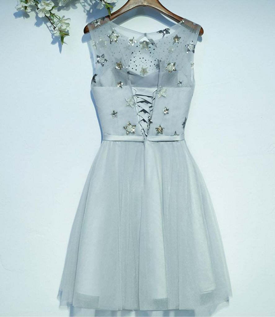 Gray Sequin Open Back Homecoming Prom Dresses, Affordable Corset Back Short Party Prom Dresses, Perfect Homecoming Dresses, CM242