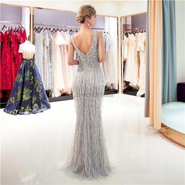 Gray V Neck Lace Beaded Mermaid Evening Prom Dresses, Evening Party Prom Dresses, 12044