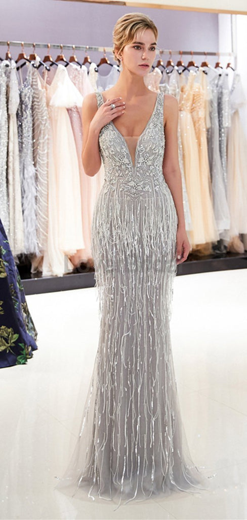 Gray V Neck Lace Beaded Mermaid Evening Prom Dresses, Evening Party Prom Dresses, 12044