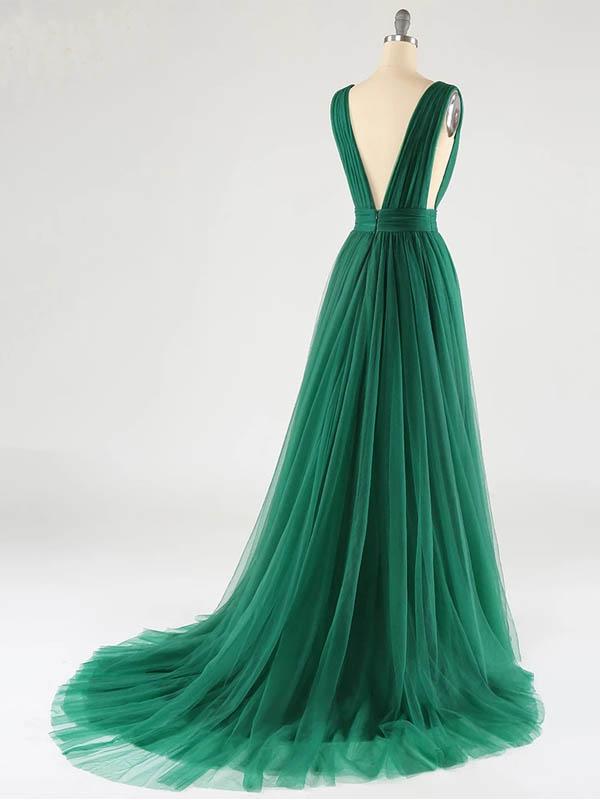 Green A-line Deep V-neck Open Back Cheap Long Prom Dresses Online,12523