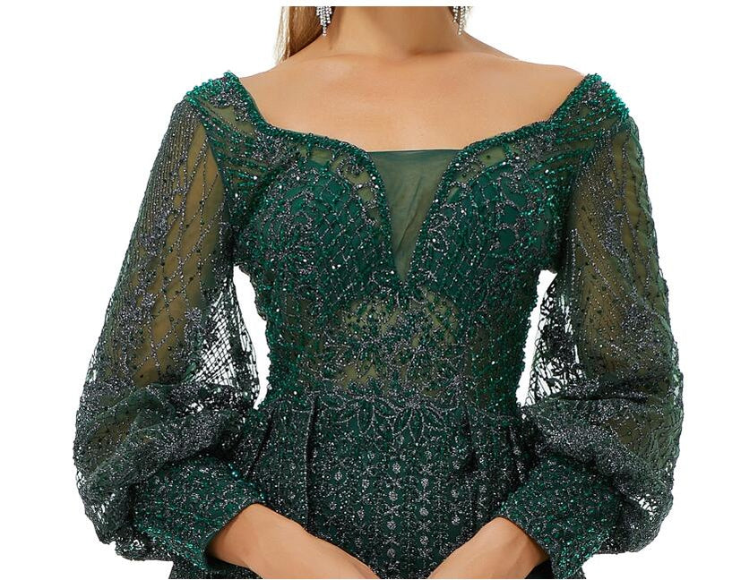 Green A-line Jewel Long Sleeves Prom Dresses Online, Evening Party Dresses,12589