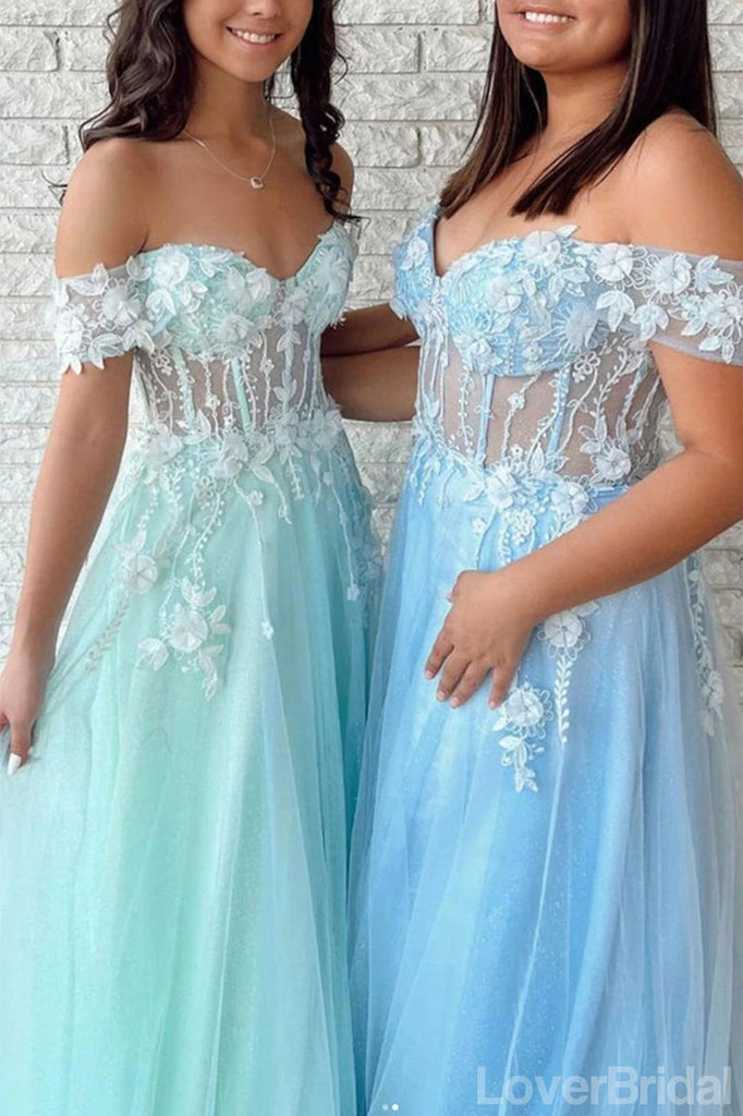 Green A-line Off Shoulder Cheap Long Prom Dresses,Evening Party Dresses,12629