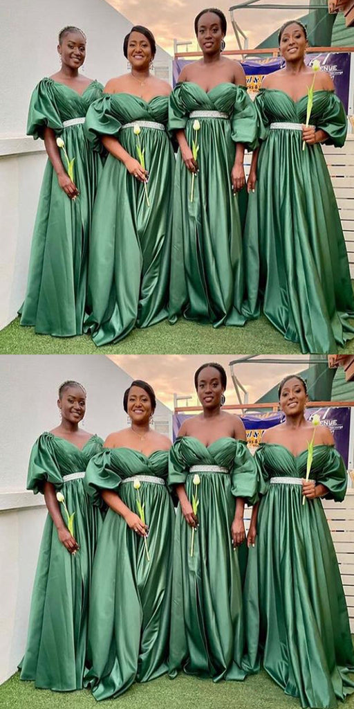Green A-line Off Shoulder Half Sleeves Cheap Long Bridesmaid Dresses,WG1438