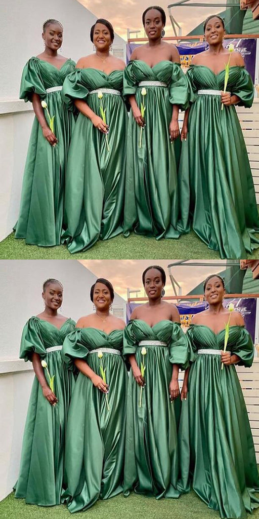 Green A-line Off Shoulder Half Sleeves Cheap Long Bridesmaid Dresses,WG1438