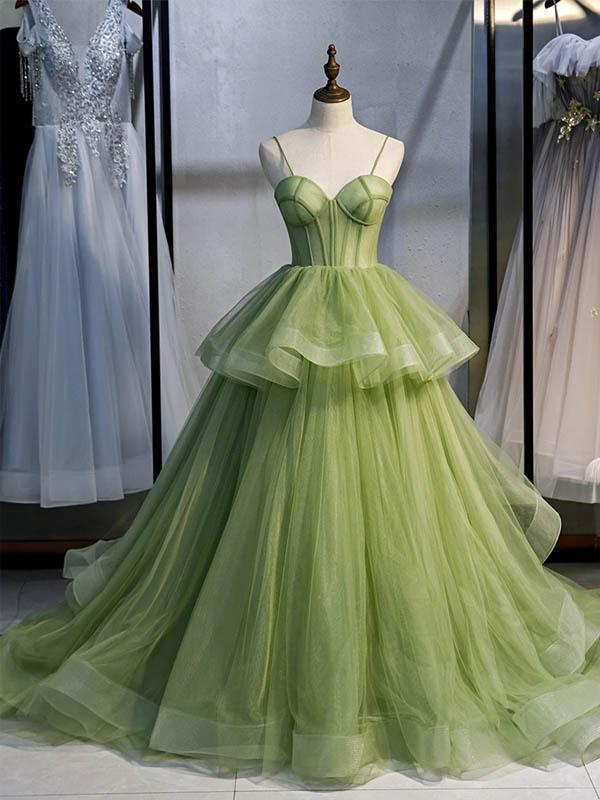 Green A-line Spaghetti Straps Long Prom Dresses Online,Dance Dresses,12480