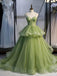 Green A-line Spaghetti Straps Long Prom Dresses Online,Dance Dresses,12480