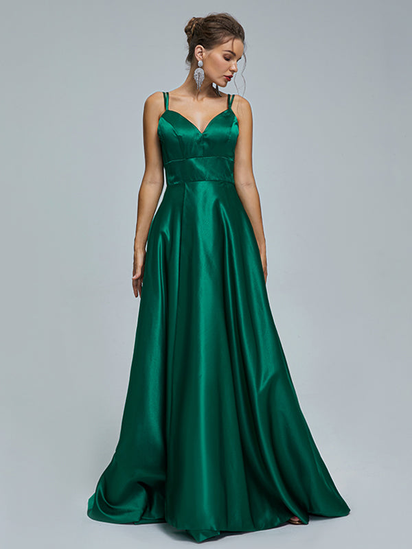 Green A-line Spaghetti Straps Side Slit Cheap Long Prom Dresses,12791