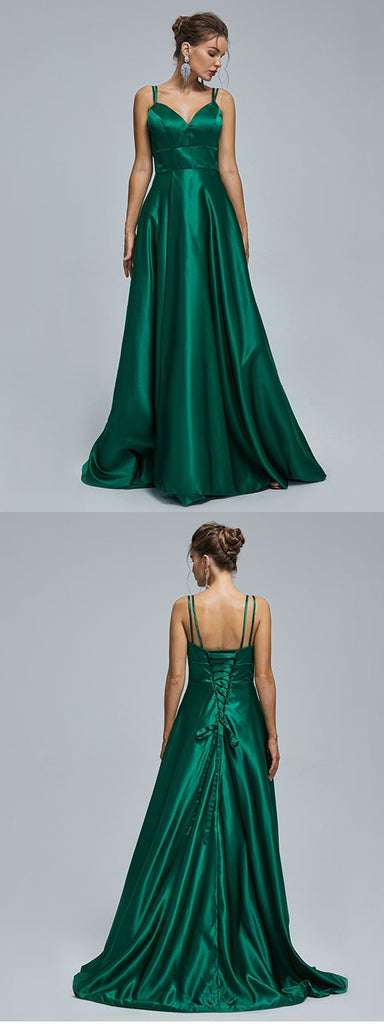 Green A-line Spaghetti Straps Side Slit Cheap Long Prom Dresses,12791