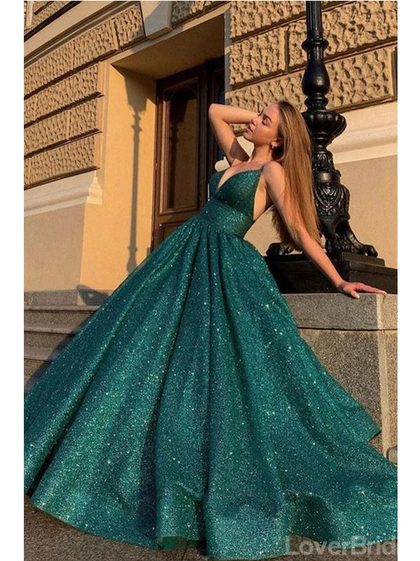 Green A-line Spaghetti Straps V-neck Cheap Long Prom Dresses,12662