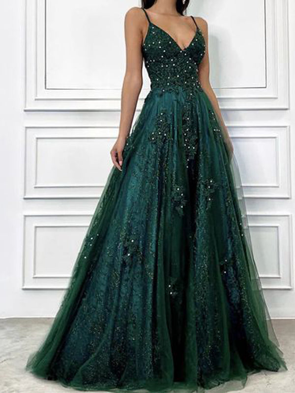 Green A-line Spaghetti Straps V-neck Maxi Long Prom Dresses,12945