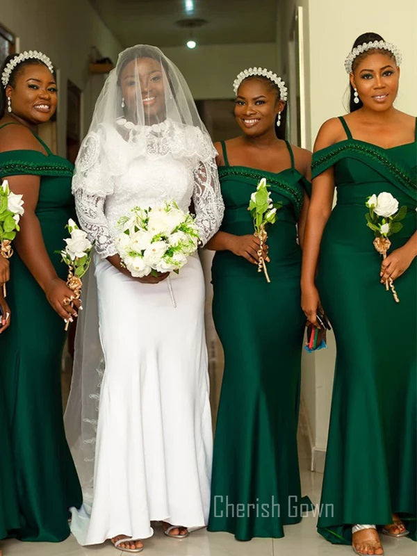 Green Cold Shoulder Mermaid Cheap Long Bridesmaid Dresses Online,WG1455