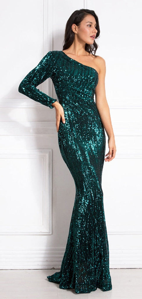 Green Mermaid Long Sleeves One Shoulder Cheap Prom Dresses Online,12773