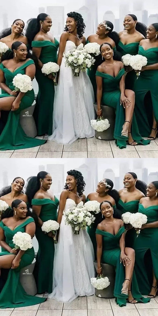 Green Mermaid Off Shoulder Side Slit Cheap Long Bridesmaid Dresses Online,WG1060