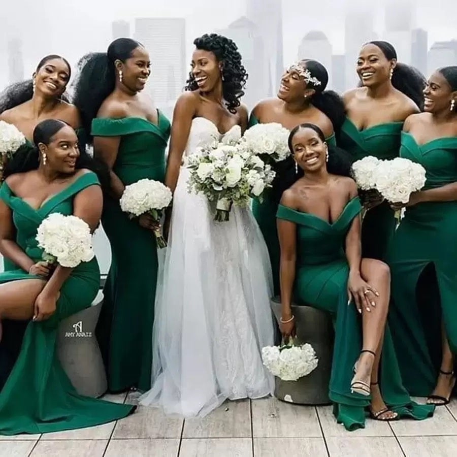 Green Mermaid Off Shoulder Side Slit Cheap Long Bridesmaid Dresses Online,WG1060