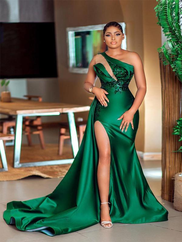 Green Mermaid One Shoulder High Slit Party Prom Dresses, Prom & Dance Dresses,12344