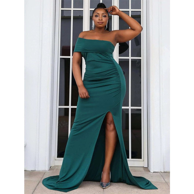 Green Mermaid Side Slit One Shoulder Cheap Long Bridesmaid Dresses,WG1485