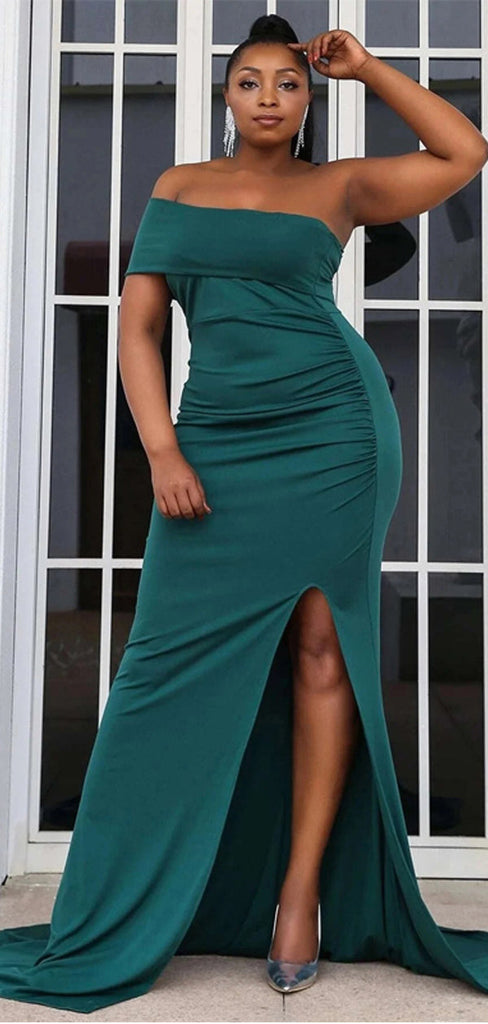 Green Mermaid Side Slit One Shoulder Cheap Long Bridesmaid Dresses,WG1485