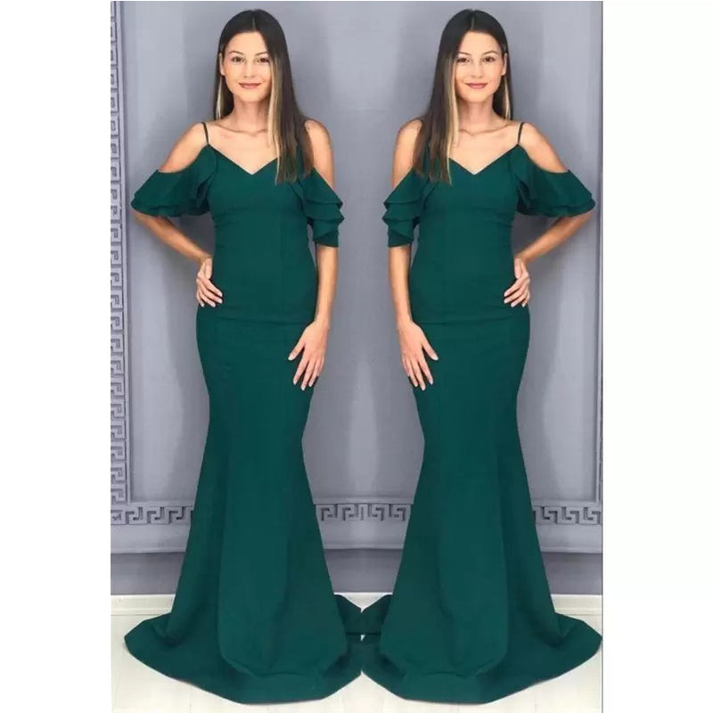 Green Mermaid Spaghetti Straps Cold Shoulder Cheap Long Bridesmaid Dresses,WG1118