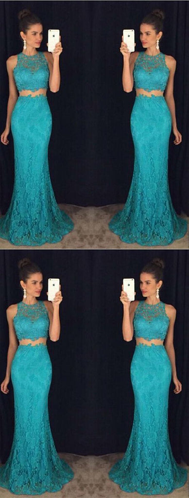 Green Mermaid Two Pieces Halter Cheap Prom Dresses Online, Evening Dresses,12466