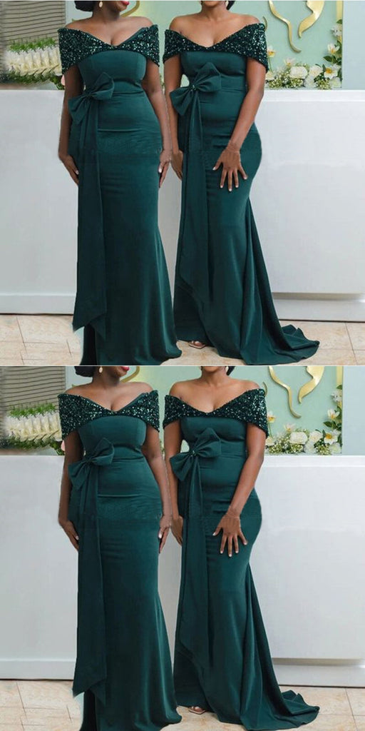 Green Off Shoulder Mermaid Cheap Long Bridesmaid Dresses Online,WG1471