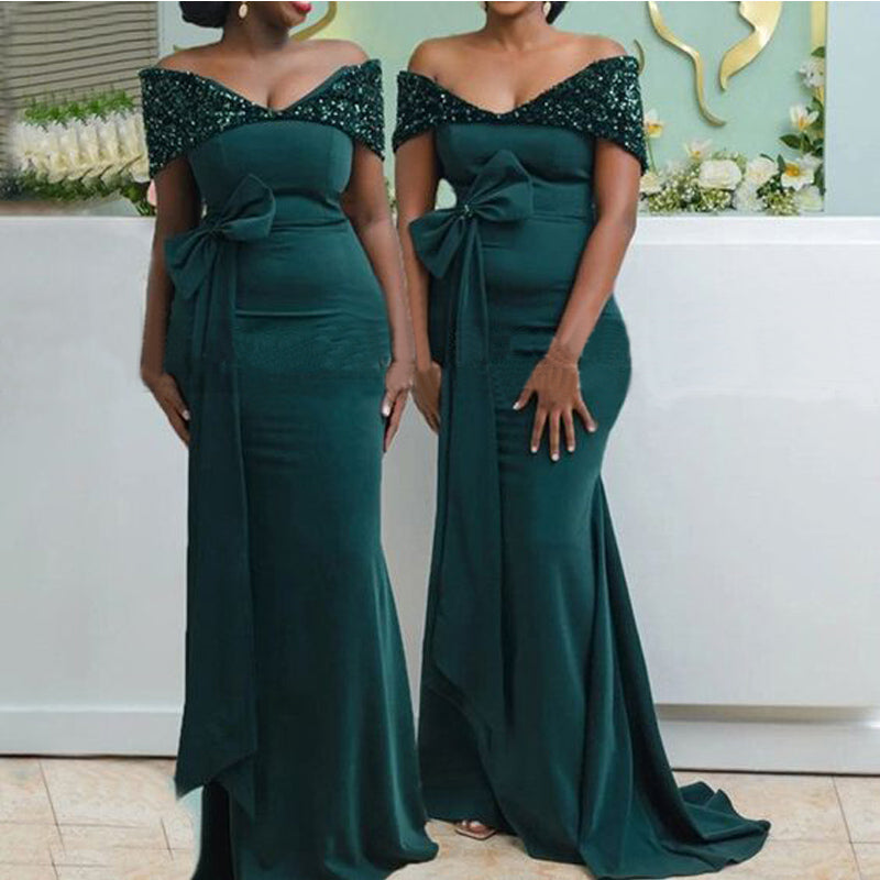 Green Off Shoulder Mermaid Cheap Long Bridesmaid Dresses Online,WG1471