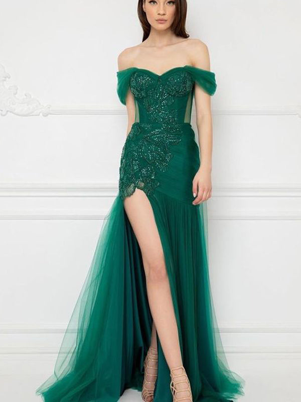 Green Sheath Off Shoulder Side Slit Long Prom Dresses,Evening Dreses,12905