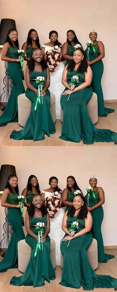 Green Spaghetti Straps Mermaid Cheap Long Bridesmaid Dresses Online,WG1480