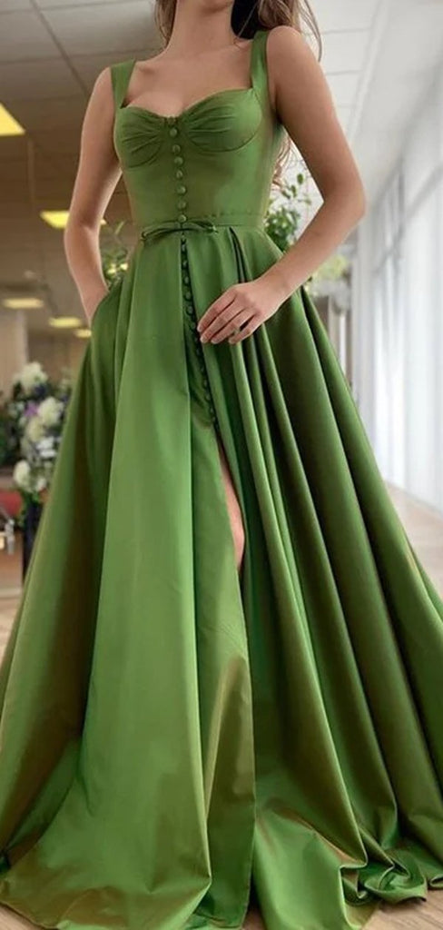 Green Straps A-line High Slit Party Prom Dresses, Cheap Dance Dresses,12349