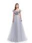 Grey A-line Short Sleeves Off Shoulder Long Prom Dresses Online,12585