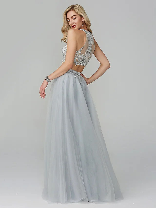 Grey A-line Two Pieces Halter Cheap Long Prom Dresses Online,12883