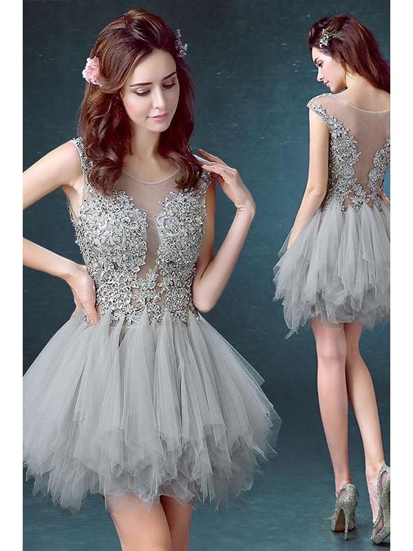 Grey Illusion Short Homecoming Dresses Online, Cheap Short Prom Dresses, CM859