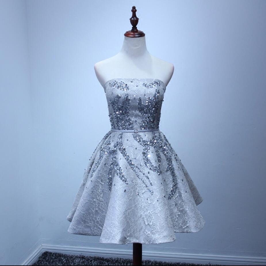 Grey Lace Beaded Homecoming Prom Dresses, Affordable Corset Back Short Party Prom Dresses, Perfect Homecoming Dresses, CM233