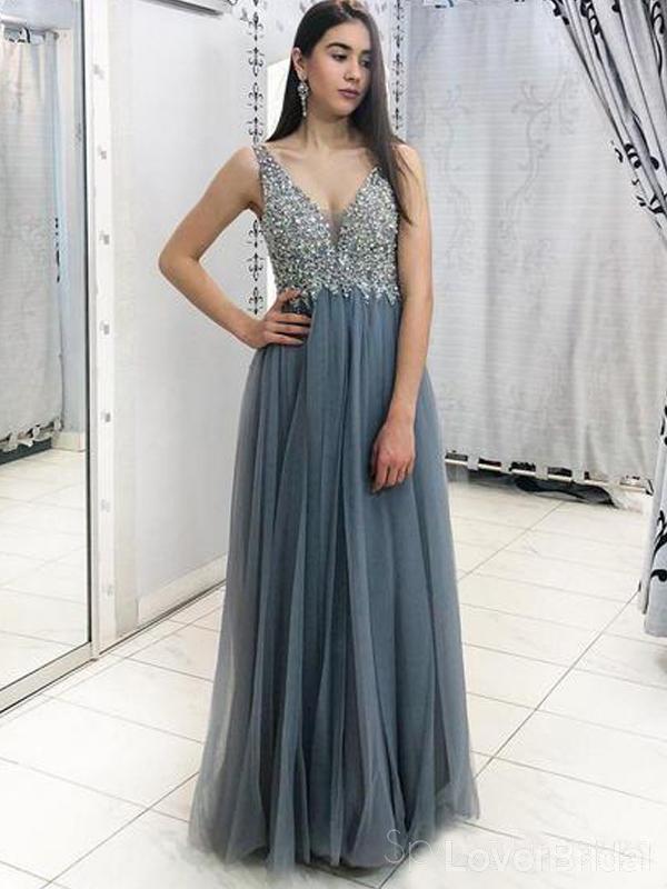 Grey Lace Beaded V-Neck Cheap Long Evening Prom Dresses, Evening Party Prom Dresses, 18637