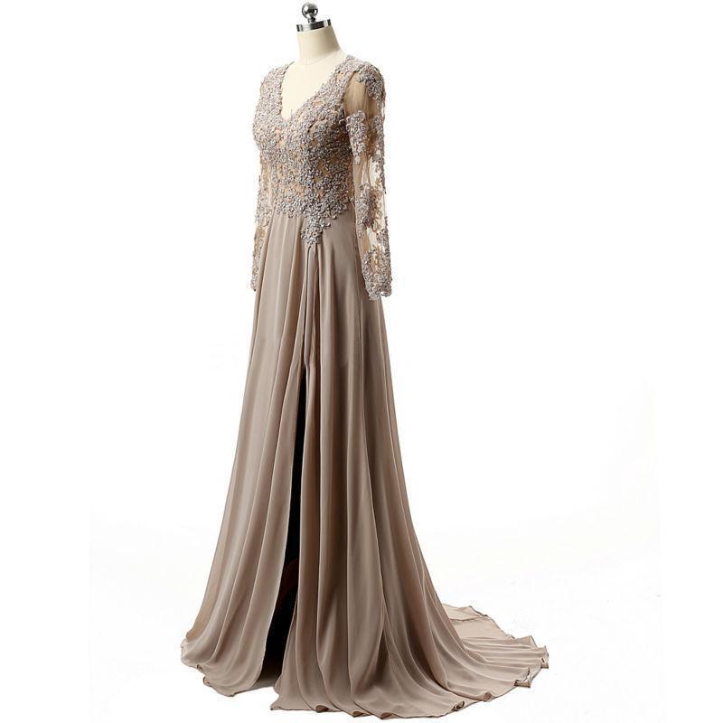 Grey Long Sleeves Lace Side Slit Long Evening Prom Dresses, Cheap Sweet 16 Dresses, 18353