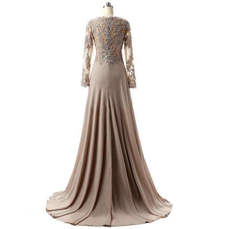 Grey Long Sleeves Lace Side Slit Long Evening Prom Dresses, Cheap Sweet 16 Dresses, 18353