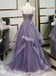 Grey Purple Ruffles Lace Beaded Long Cheap Evening Prom Dresses, Evening Party Prom Dresses, 12335