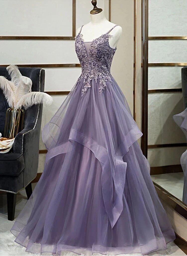 Grey Purple Ruffles Lace Beaded Long Cheap Evening Prom Dresses, Evening Party Prom Dresses, 12335