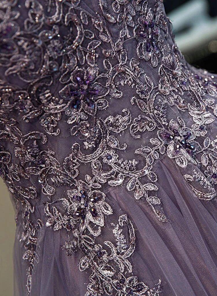 Grey Purple Ruffles Lace Beaded Long Cheap Evening Prom Dresses, Evening Party Prom Dresses, 12335