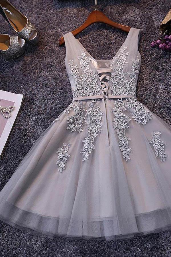 Grey Sleeveless Lace Short Homecoming Dresses Online, Cheap Short Prom Dresses, CM865