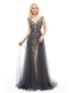 Grey V Neck Open Back Beaded A-line Evening Prom Dresses, Evening Party Prom Dresses, 12050