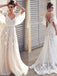 Half Sleeves A-line V-neck Backless Handmade Lace Wedding Dresses,WD729