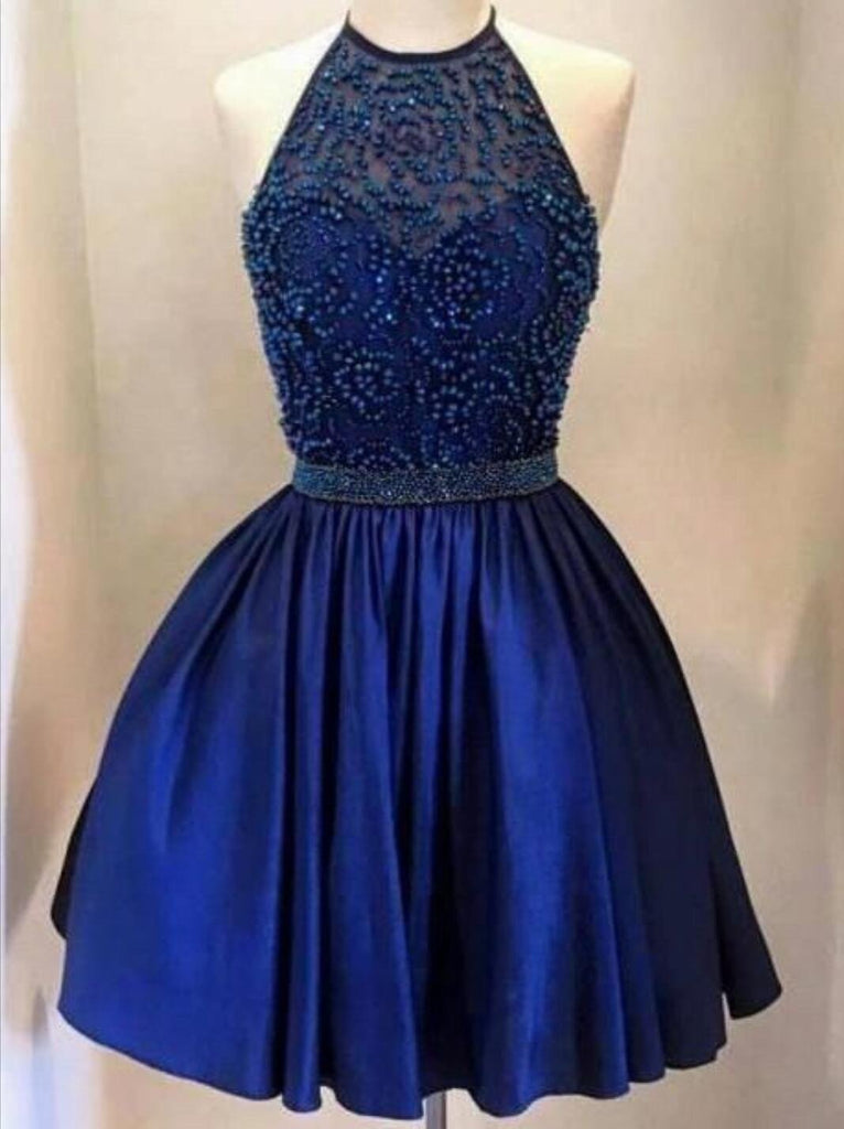 Halter backless Royal Blue Beaded homecoming prom dresses, CM0026