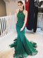 Halter Beaded Emerald Green Mermaid Long Evening Prom Dresses, Cheap Sweet 16 Dresses, 18425