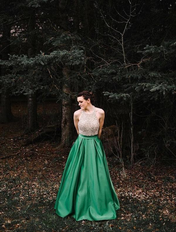 Halter Beaded Green Skirt A-line Long Evening Prom Dresses, Cheap Sweet 16 Dresses, 18310