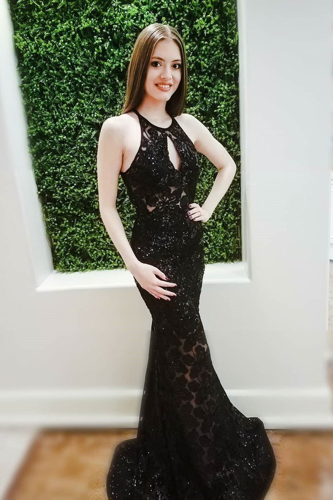 Halter  Black Lace Mermaid Custom Long Evening Prom Dresses, 17714