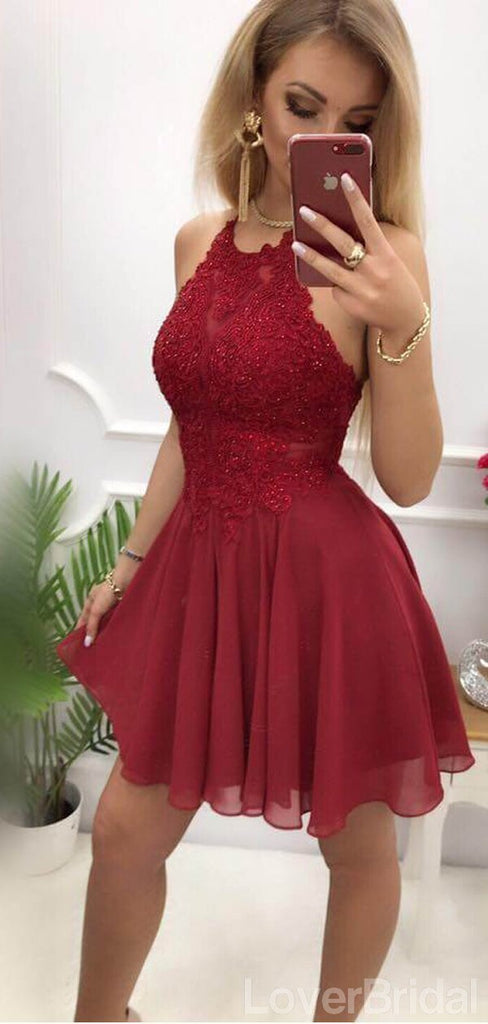 Halter Dark Red Applique Chiffon Short Cheap Homecoming Dresses Online, CM816