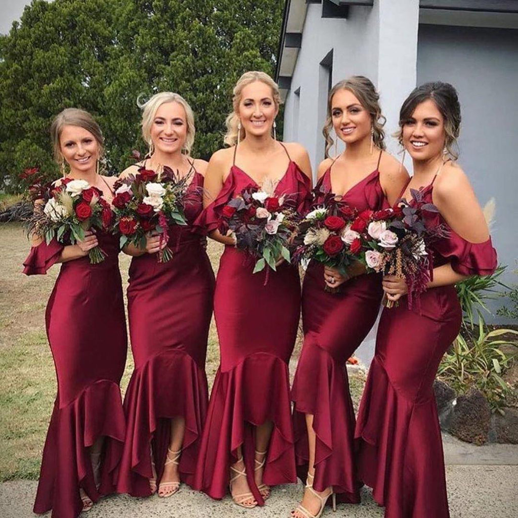 Halter Dark Red Mermaid High Low Cheap Bridesmaid Dresses Online, WG683