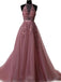 Halter Dusty Red See Through A line Lace Long Custom Evening Prom Dresses, 17408