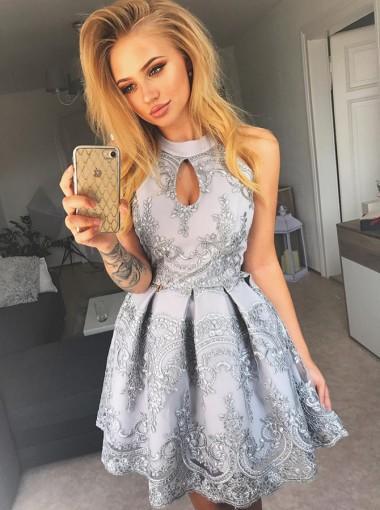 Halter Grey Lace Cheap Short Homecoming Dresses Online, CM624